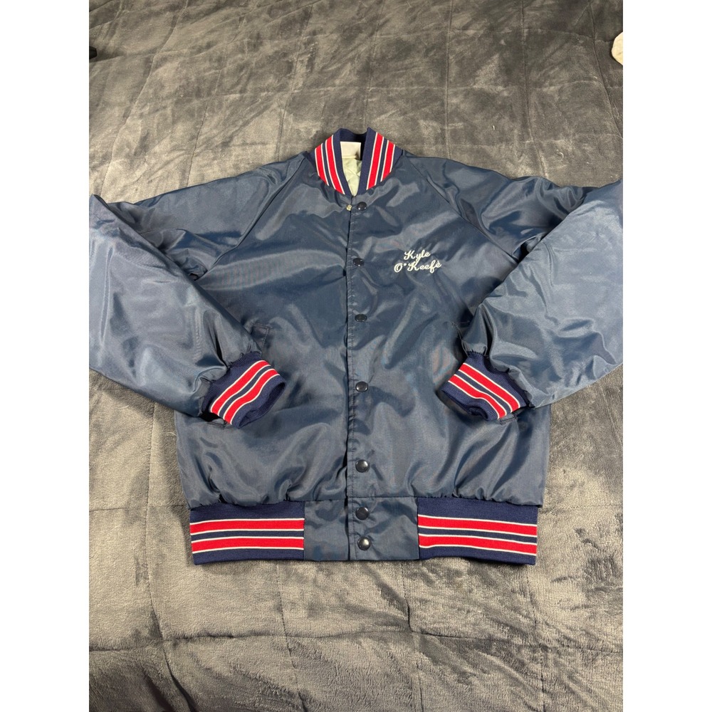 Vintage Hartwell Sports Navy Blue Satin‎ Varsity Bomber Jacket Mens Small USA